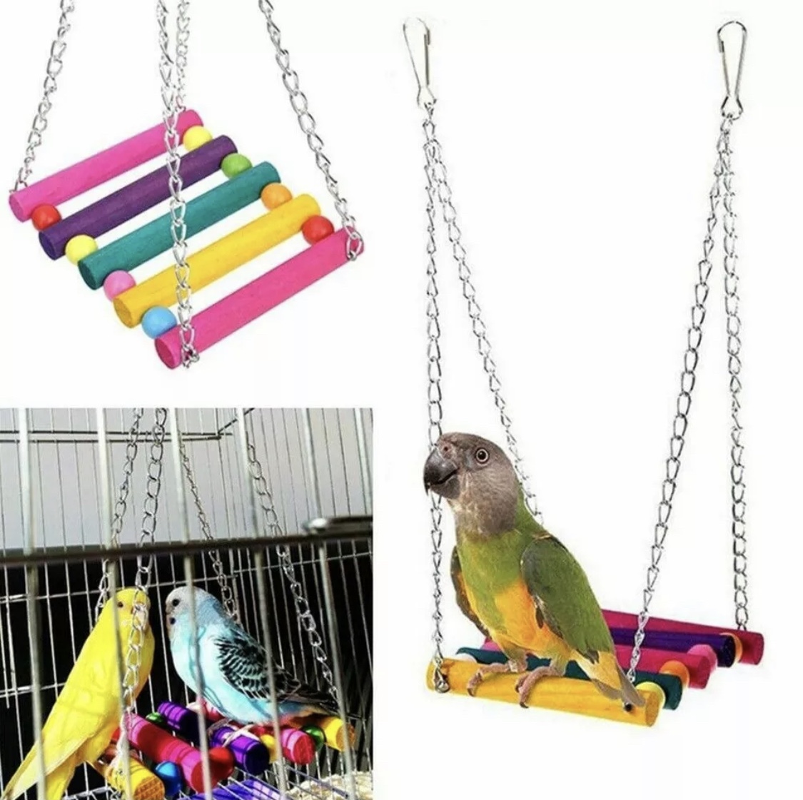 bird toy swings, bridge, hanging bells,